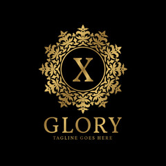 letter X glory crest luxury circular plants vintage vector logo design