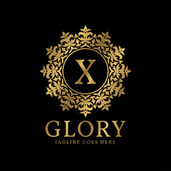 letter X glory crest luxury circular plants vintage vector logo design