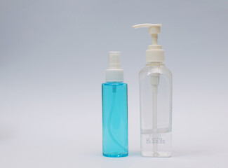 Bottle of hand sanitizer on white background. Alcohol gel. Bottle of hand sanitizer for killing bacteria, viruses. Germs isolated on white background with cut path.