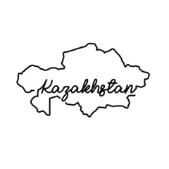 Kazakhstan outline map with the handwritten country name. Continuous line drawing of patriotic home sign. A love for a small homeland. T-shirt print idea. Vector illustration.