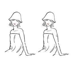 サウナハットを着けてサウナに入る女性。ボブヘアで目を閉じて座っている。