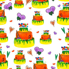 Pattern with cream birthday cake, with watercolor ice cream and sweets on a white background for your design