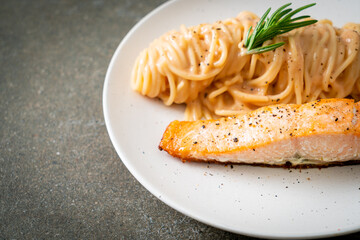 grilled salmon with spaghetti creamy tomato sauce