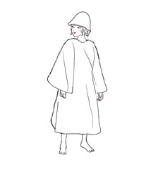 サウナハットとサウナポンチョを着てサウナに入る女性。ロングヘアで横を向いている全身イラスト。