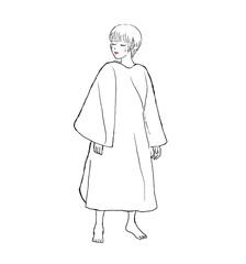 サウナポンチョを着てサウナに入る女性。ショートヘアで目を閉じて横を向いている全身イラスト。