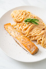 grilled salmon with spaghetti creamy tomato sauce