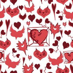  pattern red hearts devil horns, valentines for your design on a white background	