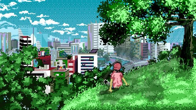 A pixel video footage of  a boy sitting down under tree. Animation created to run in loop