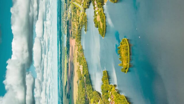 Vertical, Vertical Shot Time lapse Dronelapse Hyperlapse. Aerial View Of Lyepyel Cityscape Skyline In Autumn . Morning Fog Above Lepel Lake. Top View Of European Nature In Autumn. Lyepyel, Lepel Lake