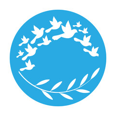 A flock of white birds and a twig with leaves on a blue background. Logo. Copy the place for text. Round vector illustration