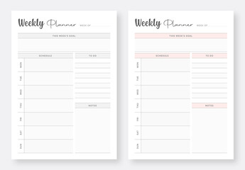 Minimalist planner pages templates. Weekly planner and to do list. Set of weekly planner template. Printable weekly planner design layout.