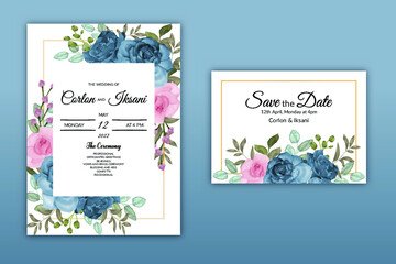 Naklejka na ściany i meble Wedding invitation card with blooming peony and roses flower watercolor Premium Vector
