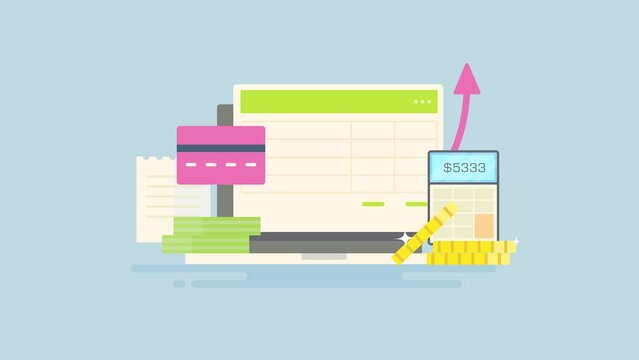 Accounting software, audit paper, money calculator, income tax return, banking payment, financial data, return on investment, income statement  concept. 2d animation 4k video clip.