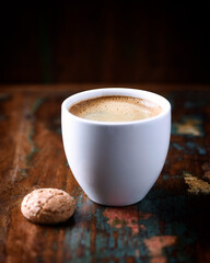Cup of coffee on wooden background. Close up.
