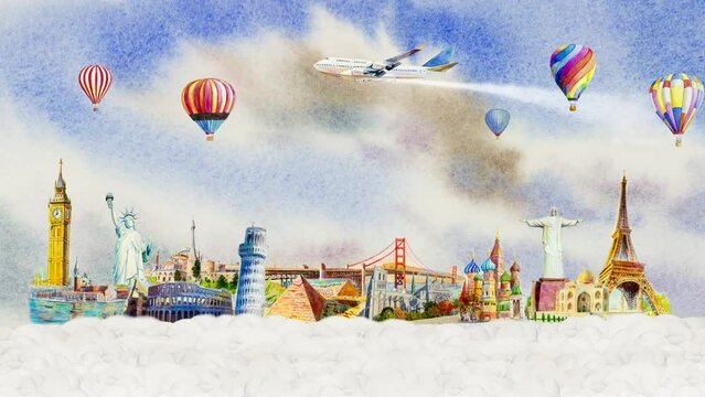 Painting advertising watercolor animation travel famous landmarks of the worlds, Travel with airplane and balloons popular tourist attraction. Illustration animate with urban famous of the world.