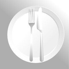 Set of simple white cutlery, large white ceramic plate, simple silver knife and minimal silver fork on grey background, vector.