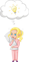 A girl in pink pajamas thinking  on white background