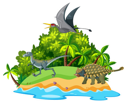 dinosaurs island scene with pterodactyl, raptor, ankylosaurus clip art preview