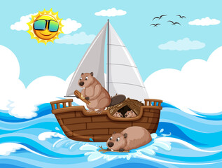 Ocean scene with beavers on a sailboat