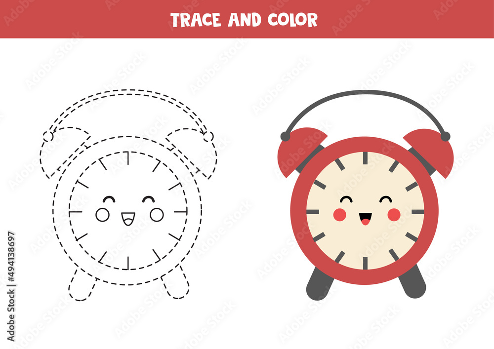 Wall mural Trace and color cartoon alarm clock. Worksheet for children.