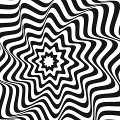 Black wavy pattern on white background. Wavy lines on white. Illustration of the abstract black maze pattern. Spiral labyrinth art.