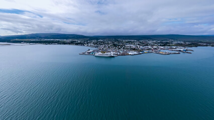 Beautiful aerial view of Akureyri, a city at the base of Eyjafjörður Fjord in northern Iceland
