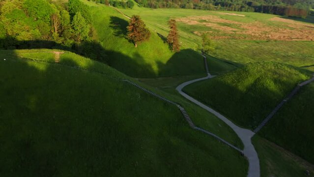 Hills of Kernave, Tourist Attraction and an Archaeological Site in Lithuania - aerial drone shot