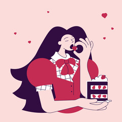 Girl in red enjoying a piece of strawberry cake