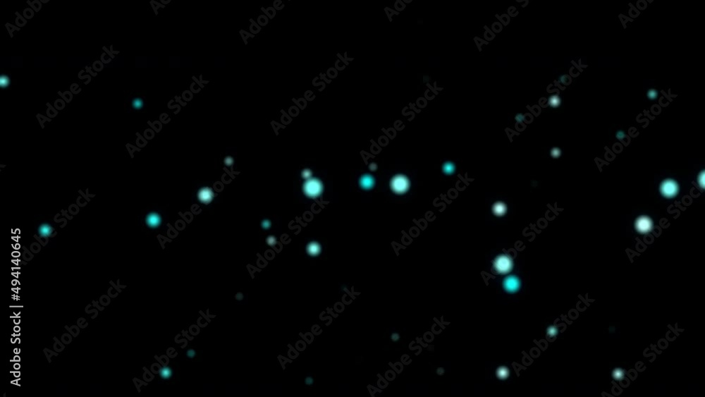 Poster motion graphics of blurred blue bubbles bokeh particles flow up on black background. 4k 3d rendering