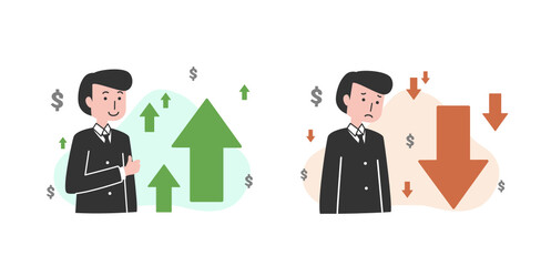 Gain and loss profit concept with a trader, up and down arrows, and money sign flat vector illustration isolated on white background. Cryptocurrency finance.