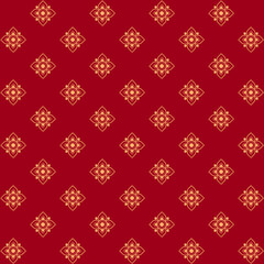 Thai art in gold color pattern on red background. Gold square shape on red. Original Thai style backdrop.