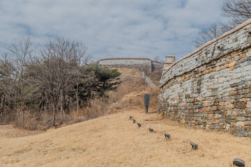 Gomo mountain fortress wall under cloudy sky located at Mungyeong South Korea