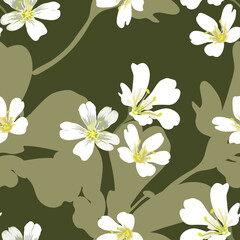 Floral seamless pattern small white flowers on khaki color background, vector illustration