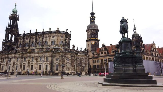 Theatre Square in Historical City Center of Dresden with Castle View