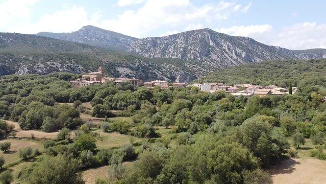 Rodellar in Bierge, Huesca, Aragon, Spain - Aerial Drone View of the Village Limestone Mountains and Canyon