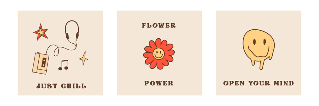 Set Of Retro Square Posters With Phrases In 60s 70s 80s Style. Hippie Culture Cards. Vintage Cassette Recorder With Note Sign. Daisy Flower With Smile And Melting Smiley Face. Vector Flat Illustration