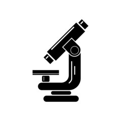 Microscope icon of a simple geometric shape in a flat style. Laboratory, microcosm research, bacteria and microbes, medicine. Silhouette of microscope, isolated on white background. Vector graphics
