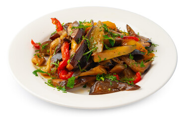 Grilled vegetables in plate isolated on white background