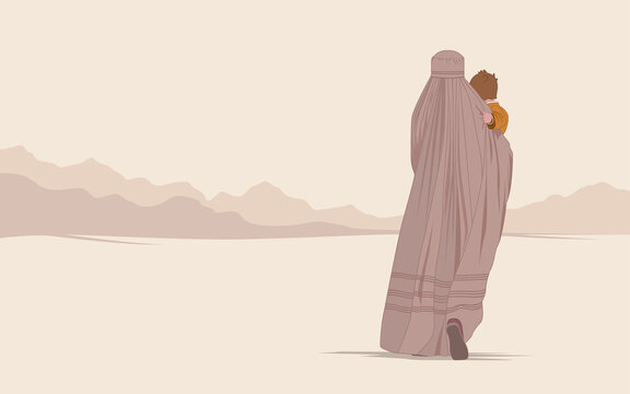 An Afghan woman in a burqa or burka with a child walks through the desert in search of freedom. Flight from the war. Refugee poster concept. Save the women of the east from violence and terrorism