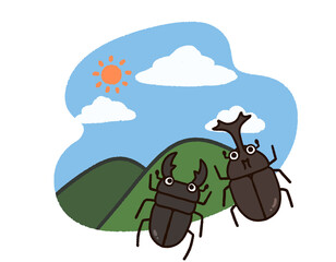 山の景色と夏の昆虫　カブトムシ　クワガタムシ