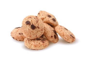 Cereals muesli or dried breakfast as cookies with chocolate drops isolated on white