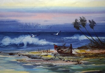 Fototapeta na wymiar art Watercolor painting, windy sea and fishing boats , phuket thailand