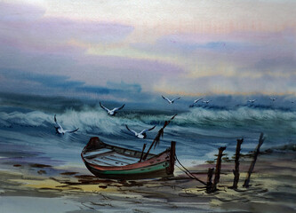 art  Watercolor painting, windy sea and fishing boats , School of Art