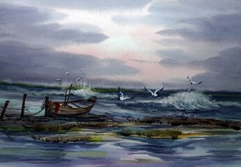 art  Watercolor painting, windy sea and fishing boats
