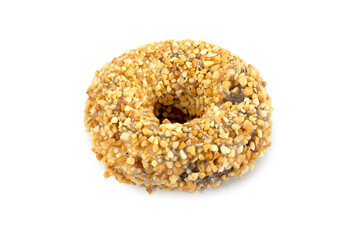 Tasty chocolate round donut, dessert with frosted glazed and nuts sprinkles top view isolated on white background. Clipping path.