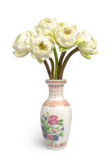 Folded White Lotus Flowers in Vintage Vase, traditional Thai style folding, isolated on white background. Clipping path