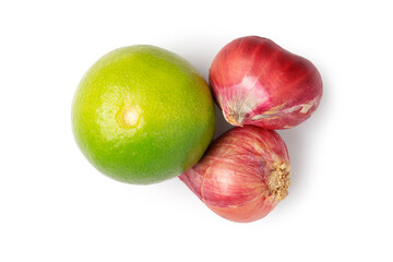 Top View of Fresh Raw Red Onions and Lime in whole, famous ingredients of Thai food, isolated on a white background. Clipping path.