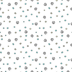 Vector seamless abstract pattern, spotted background of elements: random points drops spirals. Fun simple texture, backdrop in doodle style