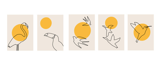 Collection of modern simple abstractions: silhouettes (sketch) of birds - flamingos, toucan, swallows, hummingbirds, ducks with sun on a beige background