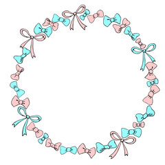 Vector frame, border, wreath from blue pink bows, ribbons. Simple background, decoration in doodle style for girls design, holidays